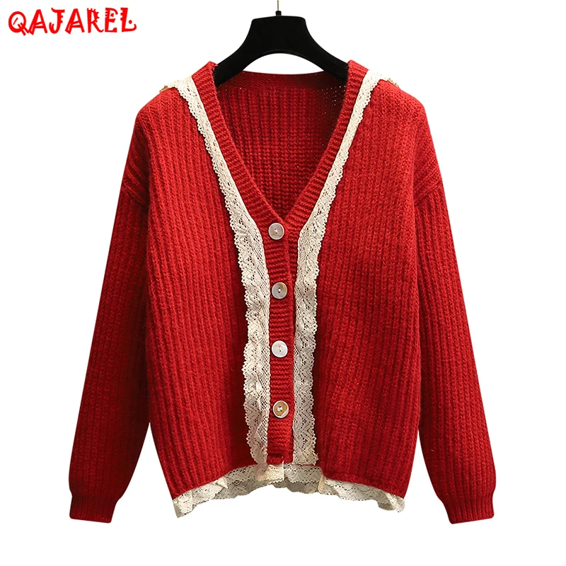 

Женский вязаный свитер из хлопка и кружева, красный облегающий теплый свитер в винтажном Корейском стиле, Осень-зима 2023