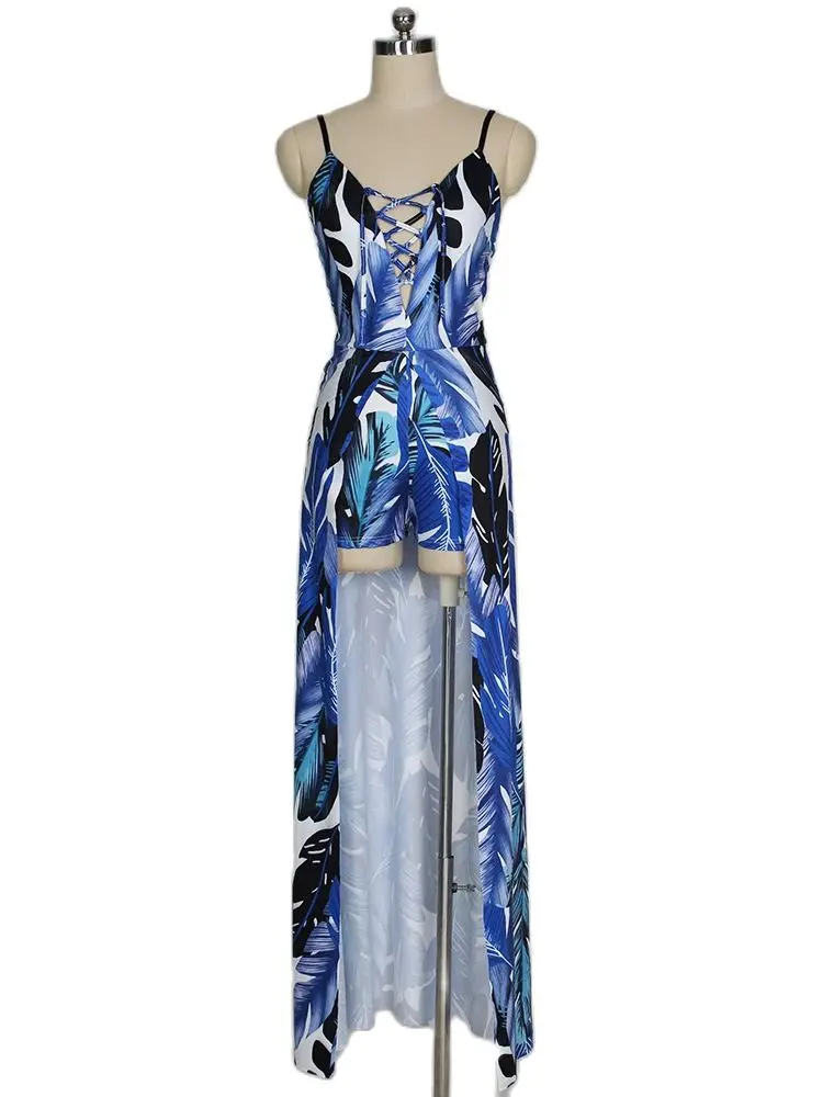 Элегантный женский пляжный комбинезон на шнуровке с открытой спиной и принтом в