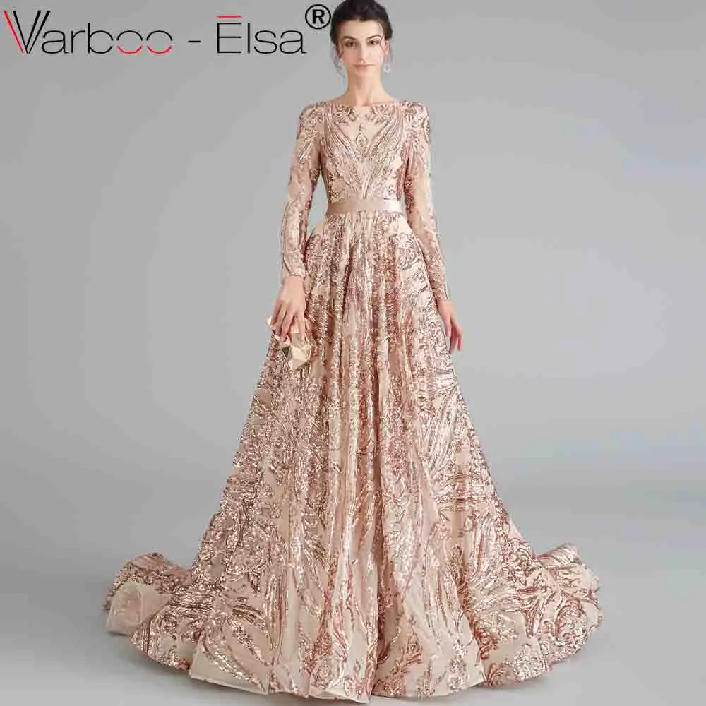 VARBOO_ELSA green Robe De Soiree Длинные вечерние платья с длинными рукавами и поясом, торжественное платье с блестками, женские вечерние платья - Цвет: as pic