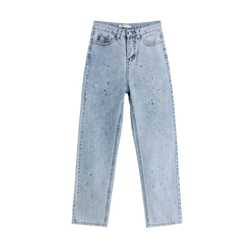 

Fashion Paint Print Women Jeans Pants High Waist Loose Pockets Female Straight Denim Trousers 2021 Ladies Pantalon