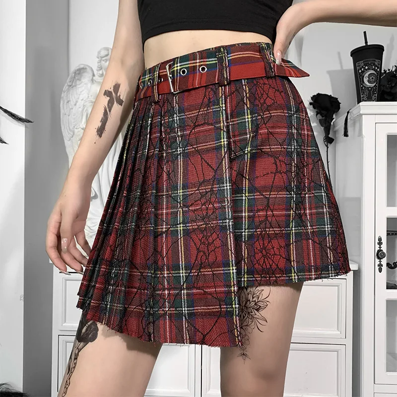 

Gothic Irregular Plaid Stitching Mesh Mini Skirt Teen-girl Grunge Women Pleated Skirt Punk High Waist With Belt Streetwear