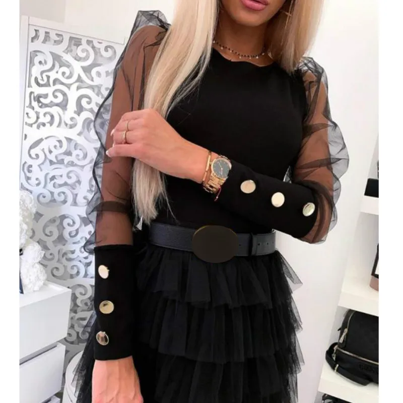 

Women Mesh Puff Long Sheer Sleeve Tops Pullover Blouse Shirts Casual Party Club