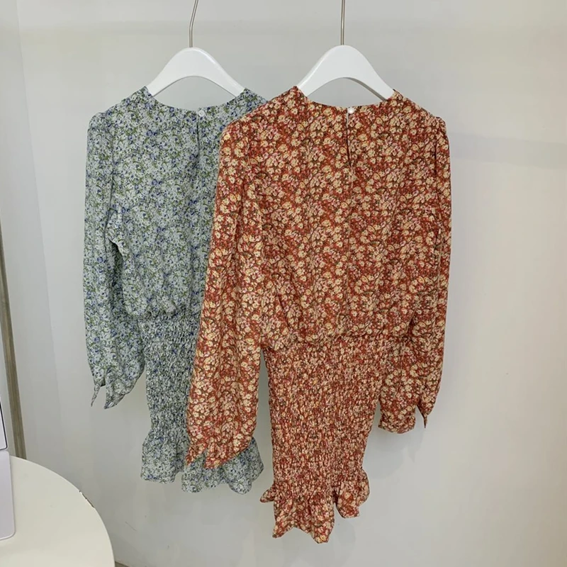 

Women 2021 Summer Autunm New Korean Fashion Dresses Floral Printed Vintage High Waist Korean Package Hip Lady Mini Dresses
