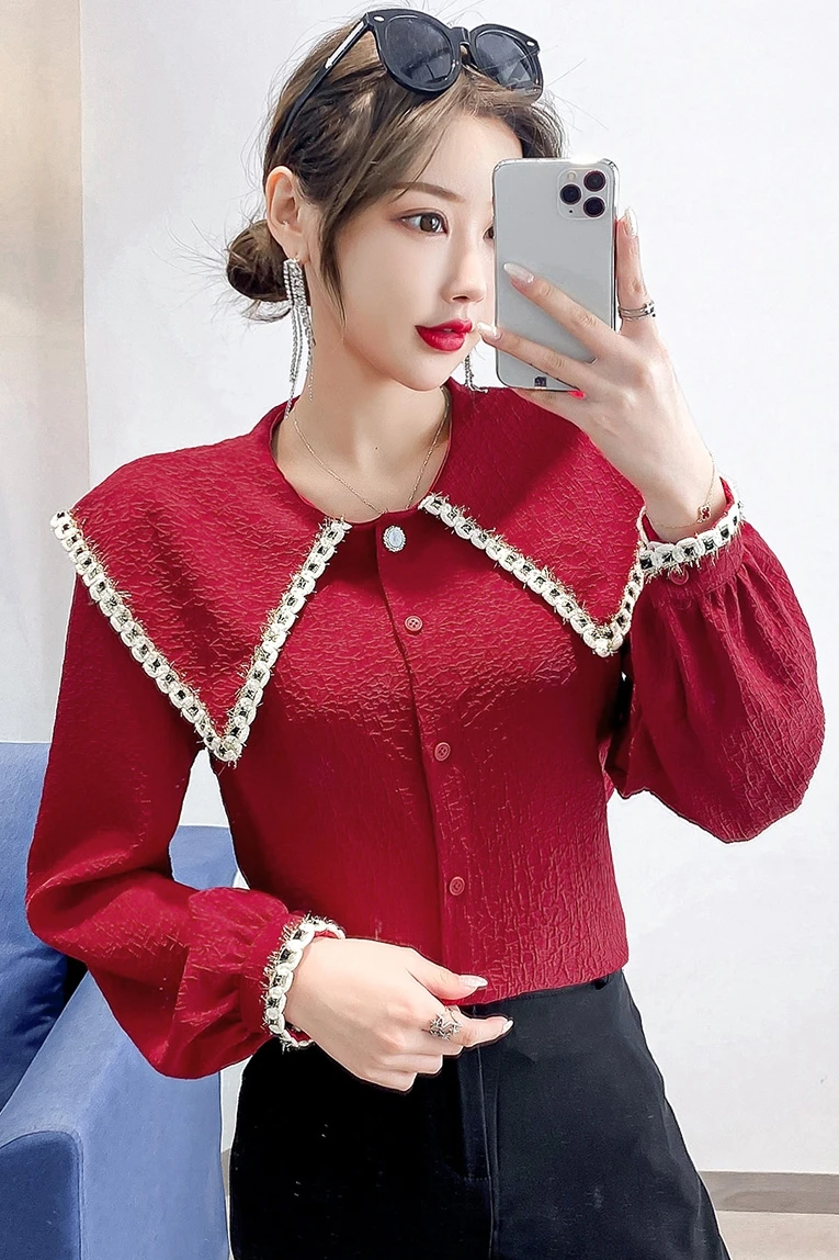 

COIGARSAM Full Sleeve Shirt Womens tops New Spring Peter pan Collar Lurex Women shirts Red 8125