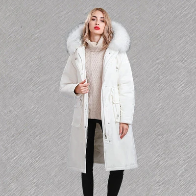 Новинка 2020 зимний теплый пуховик для женщин мех енота длинное пальто с капюшоном