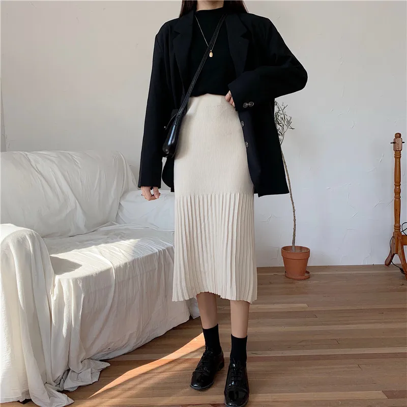 High Waist Women Skirts Irregular Striped Pleated Autumn Winter Casual Knitted Female Mid-Length 2019 | Женская одежда