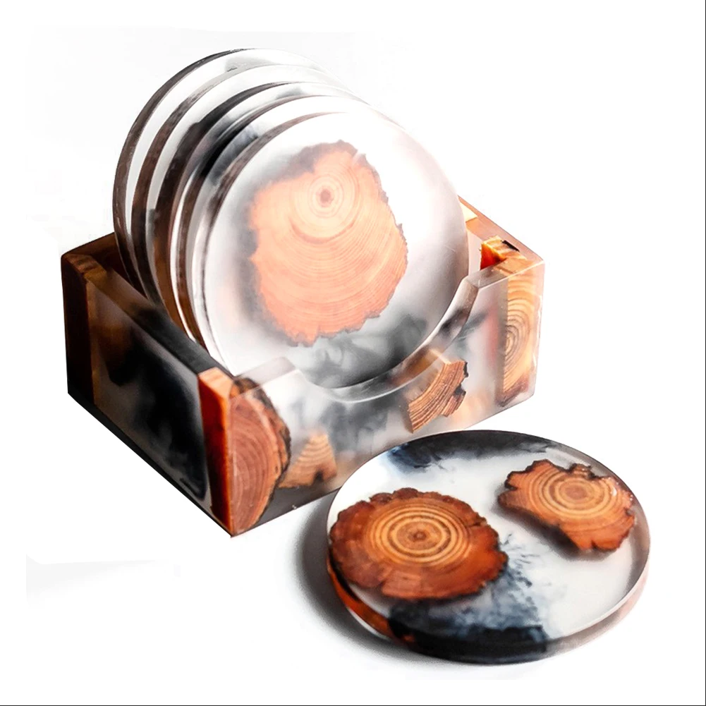 

Japanese resin tea cup mat creative kungfu tea solid wood Flower Crystal Epoxy Resin Coaster Set Wood Resin Coaster