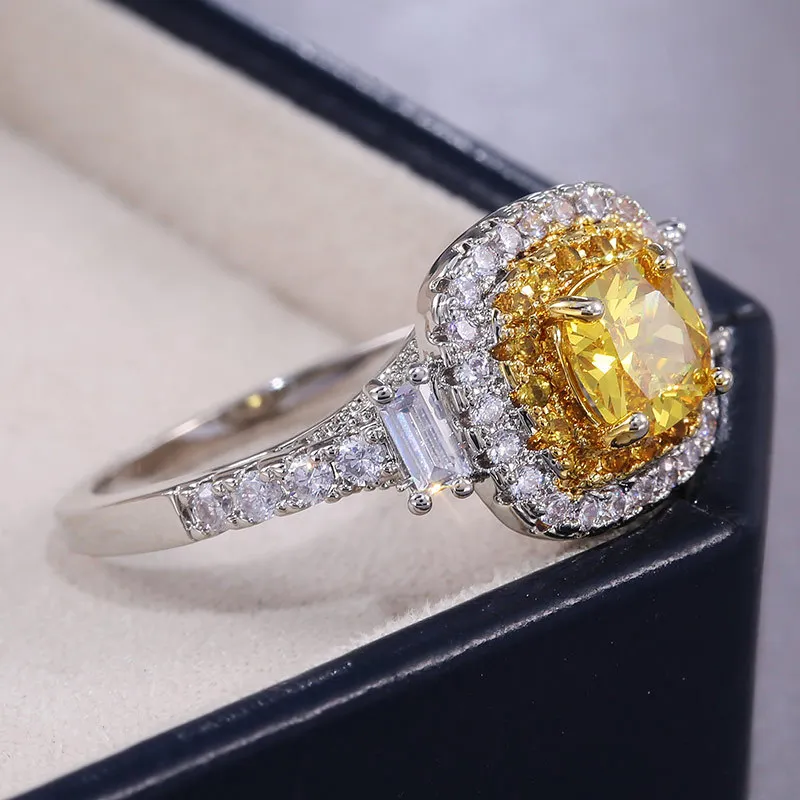 

Luxury Female Yellow Crystal Stone Ring Charm Silver Color Wedding Rings For Women Trendy Bride Square Zircon Engagement Ring