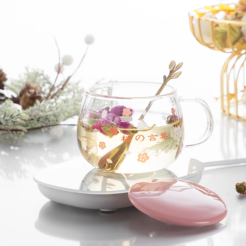 

55 degrees thermostatic 430ml Glass Cup With Tea Infuser Filter&Lid Cherry Blossoms Transparent Heat Resistant Drinking Glasses