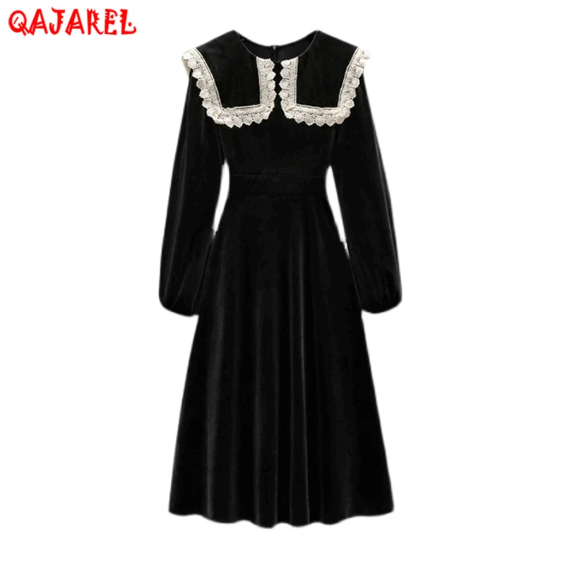 

Женское вельветовое платье средней длины, черное Теплое повседневное облегающее платье с длинным рукавом в Корейском стиле, элегантное офи...