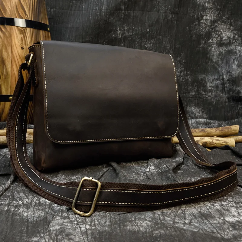Men's Vintage crazy horse leather messenger bag A4 Genuine leather shoulder bag iPad Thick Cow leather school bag magnetic flap