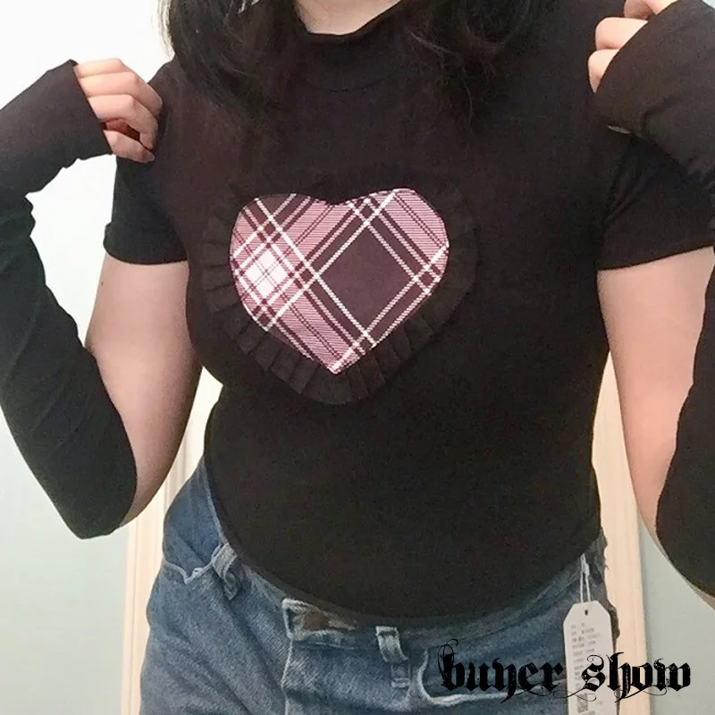 

Goth Dark Harajuku Kwaii Gothic Graphic T-Shirts Black Pastel Goth Punk E-Girl Sweet Ruffles Bodycon Women Crop Tops Streetwear