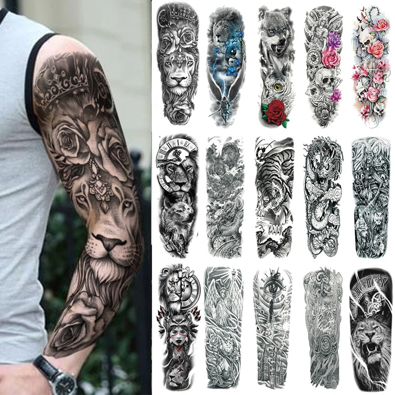 50 Piece Wholesales Full Arm Waterproof  Temporary Tattoo Sticker Tiger Lion Wolf Fish Skull Flower Body Leg Sleeve Woman Men