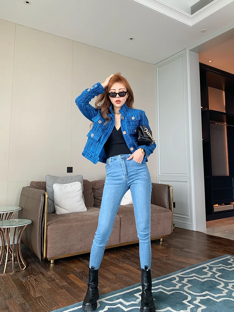 

check small short coat autumn wear new women's breasted stand collar tweed jacket in 2020