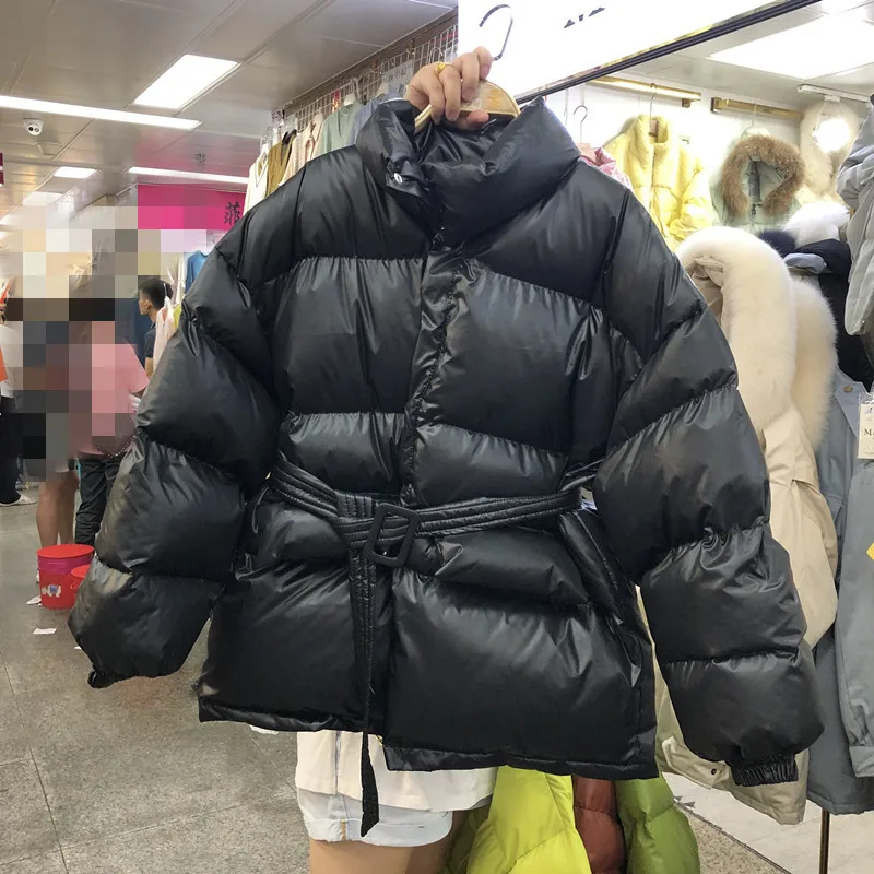 Winter Puffer Coat Female Thick Warm Parka Coat Collar Collar Bubble Coat Korean Cotton Button Down Jacket with Belt Coat Green