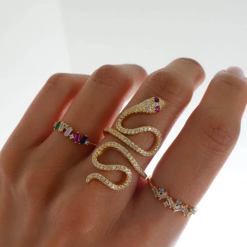 new arrived open size long snake ring rose gold color multi wrap women full finger snake shaped cz ring fashion jewelry