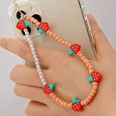 

Bohemian Style Imitation Pearl Mobile Phone Anti-Lost Lanyard Millet Beads Fruit Strawberry Telephone Chain Women's Jewelry Gift