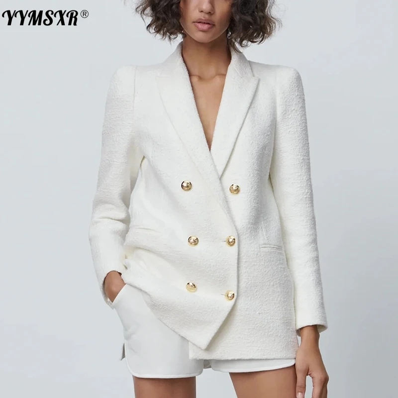2022 Spring Autumn Women Fashion White Pink Tweed Blazers And Jackets Chic Button Office Suit Coat Ladies Elegant Outwear