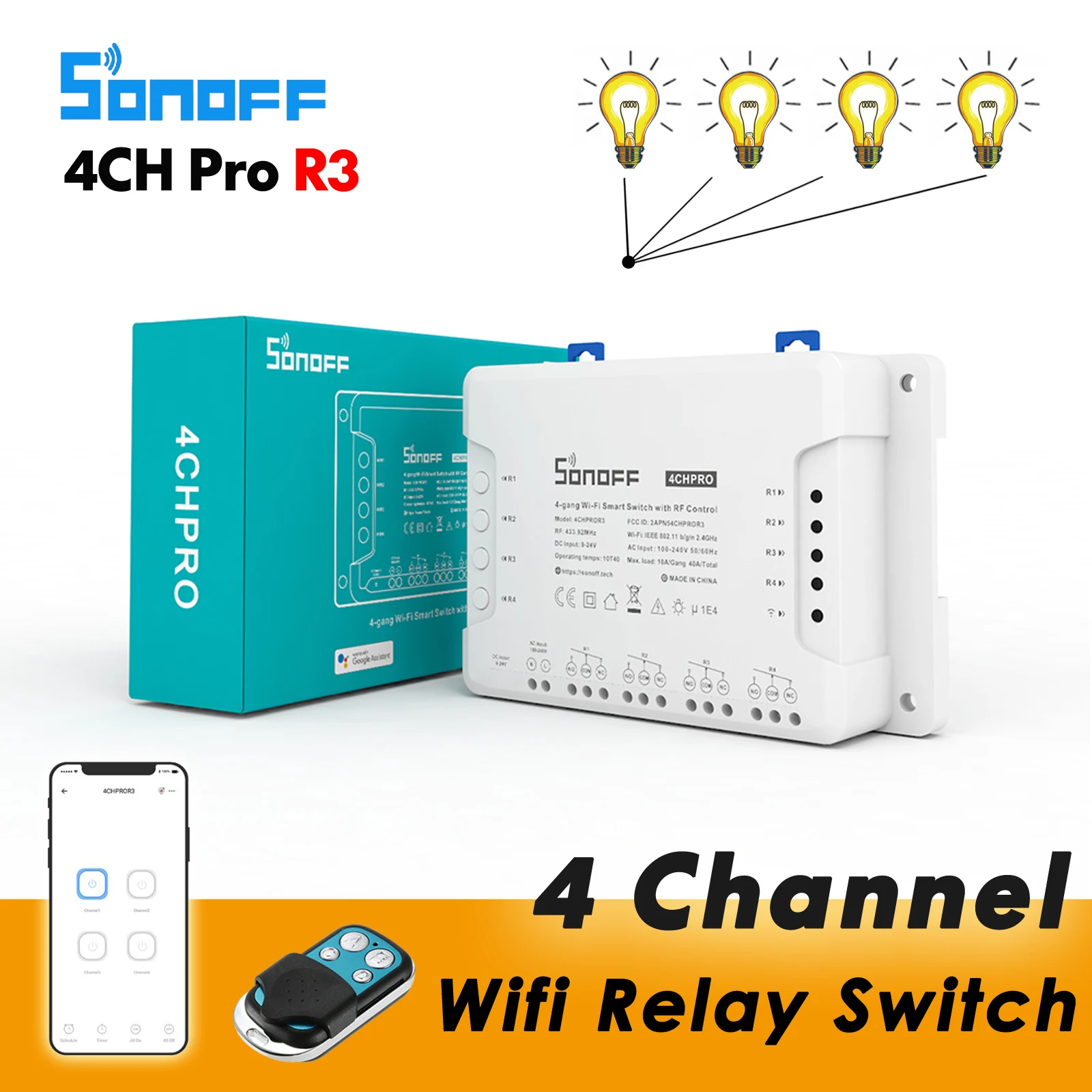 

Sonoff 4CH Pro R3 / 4CH R3, Smart Wifi Relay Switch, 4 Channel 433 RF Control eWelink APP Voice Control With Alexa Google home