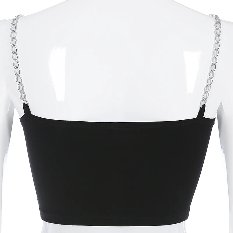 

Letter Print Crop Cami Top Streetwear Metal Chain Spaghetti Strap Top Funny T Shirts Women Black Casual Summer Tops