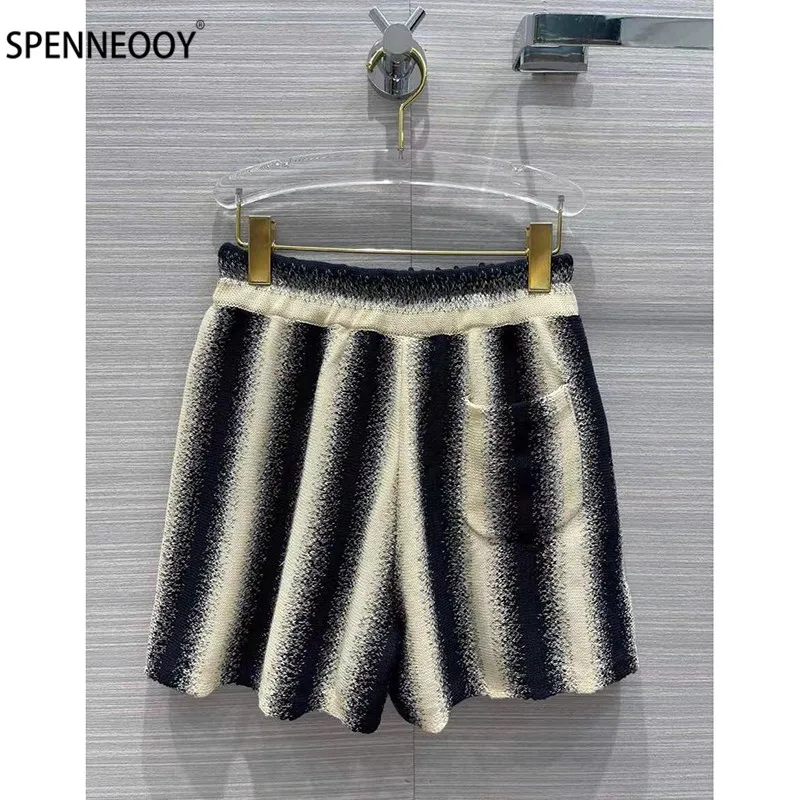 SPENNYMOOR 2021 Designer Brand Summer Stripe Knitting Shorts Women Elastic Waist Casual Loose Shorts