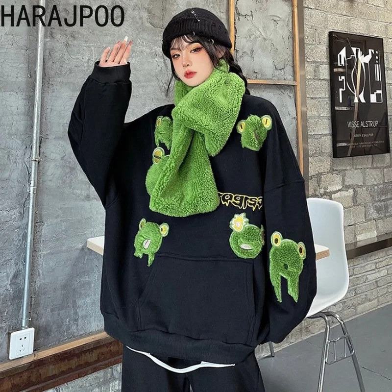 Свитшот Harajpoo женский с вышивкой лягушка плюс вельветовый зимний Корейский Instagram