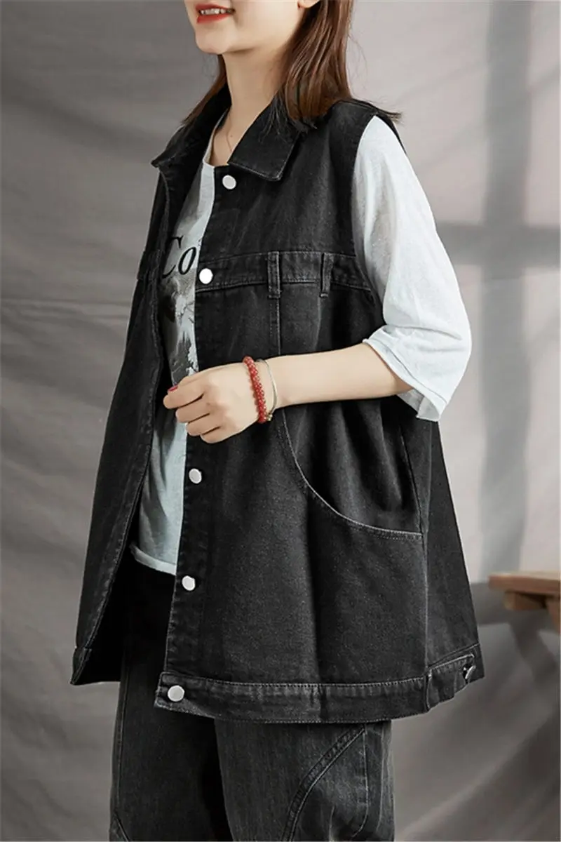 

Cowboy Waistcoat Cardigan Jacket Casual Loose Denim Vest Tops Sleeveless Straight-fitting Fashion Spring and Autumn Female Solid