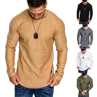 hot 2021 solid color sleeve pleated patch detail long sleeve t shirt men spring casual tops pullovers fashion slim basic tops