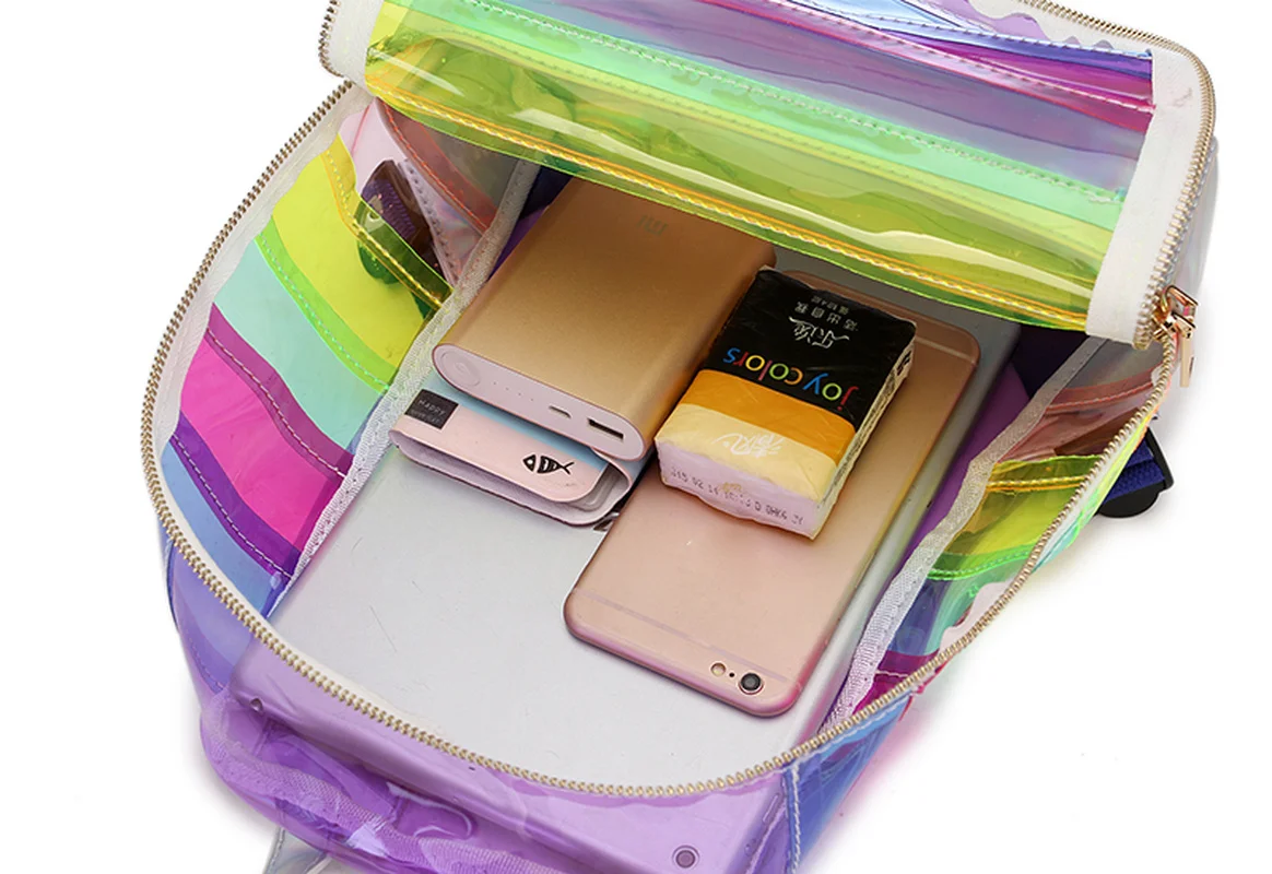 

Fashion Color Striped Laser Plastic Travel Bag School Bag Backpack Purse for Women Small Shoulder Bag Zipper Bag