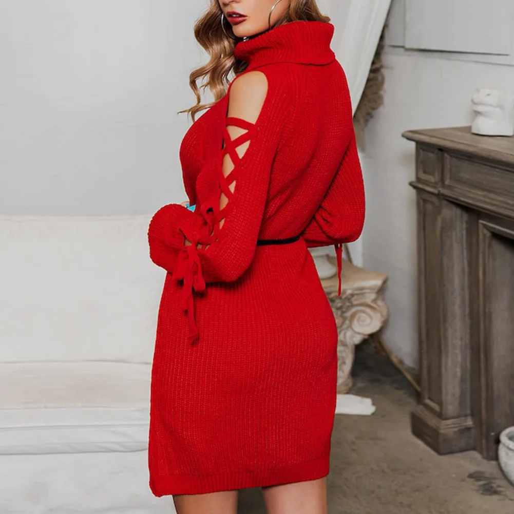 FADZECO 2019 Осень Зима Женское трикотажное платье свитер с высоким воротом платья для