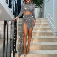 sexy sparkle evening dresses 2021 long sleeve grey shiny sequined mermaid evening gowns slit o neck party dress robes de soir%c3%a9e