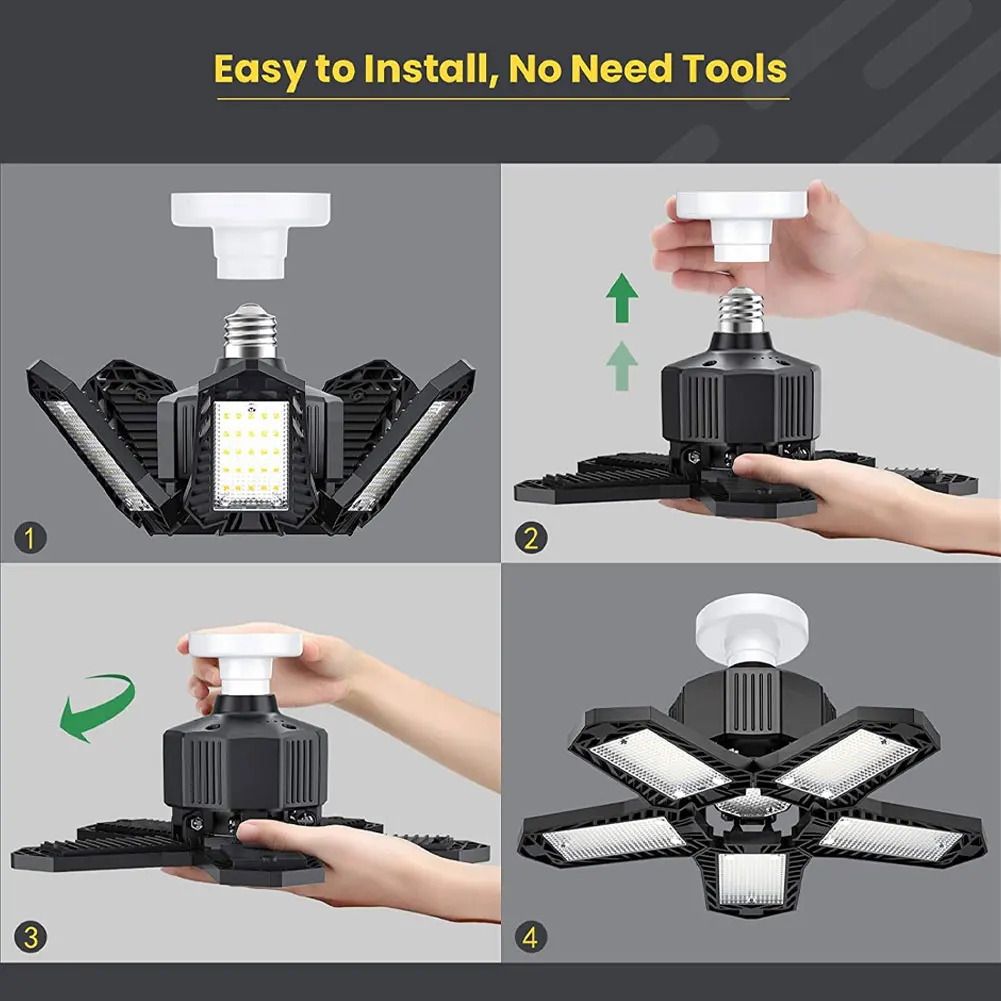 

LED 80w/100w E26 E27 Garage Lights Workshop Ceiling Deformable 80W Lamp with 5 Adjustable Panels White light Black/Transprarent