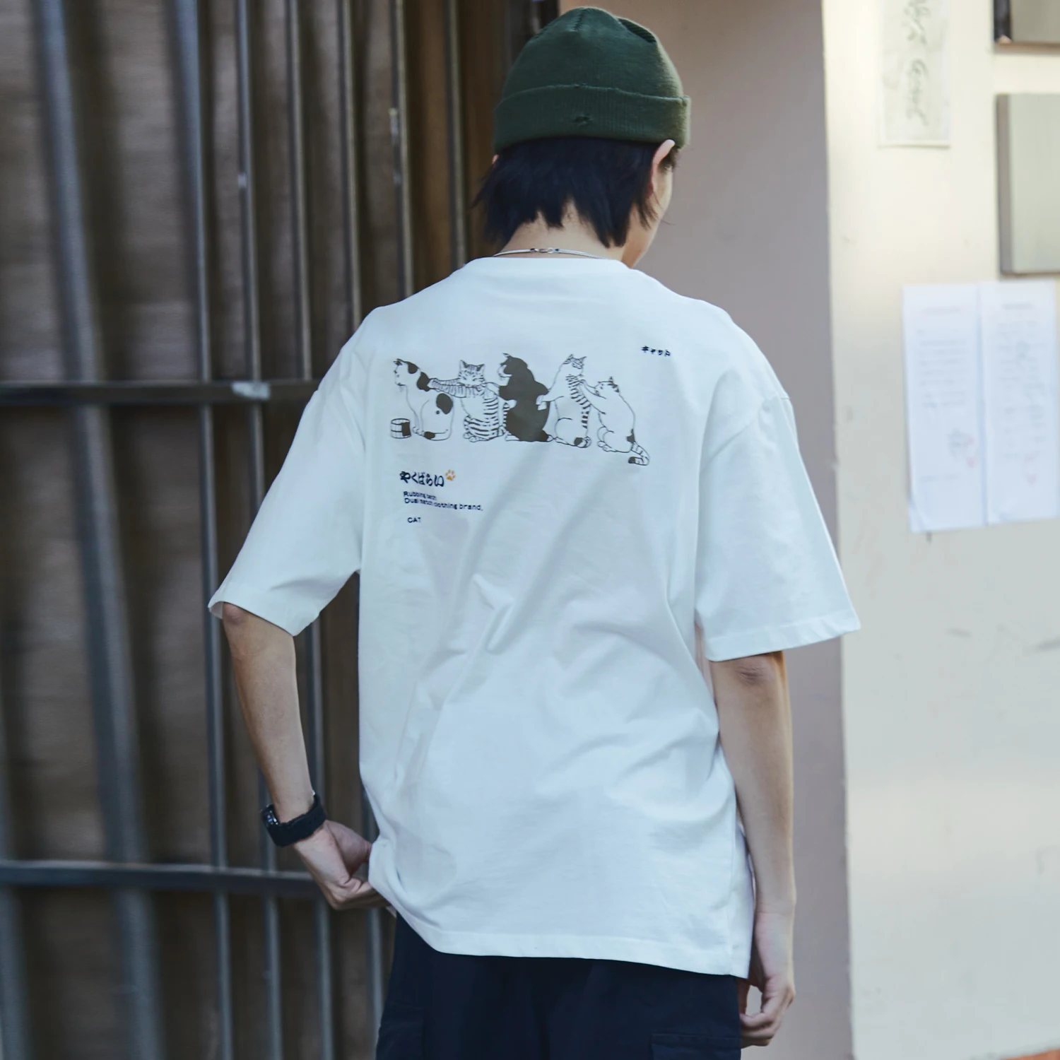 LACIBLE Харадзюку японский кандзи очереди футболки с котами хлопковая уличная