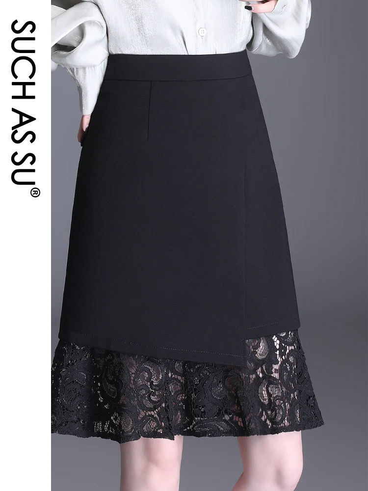 

Splice Knit Lace Skirt Women 2021 New Spring Summer Black High Waist A-LINE Skirt S-3XL Size Office Lady Knee-Length Skirt 9627