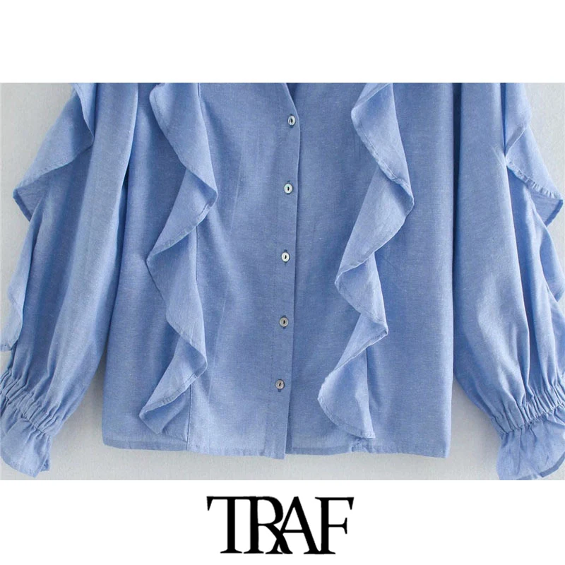 

TRAF Women Fashion With Ruffle Trims Loose Blouses Vintage Long Sleeve Button-up Female Shirts Blusas Chic Tops