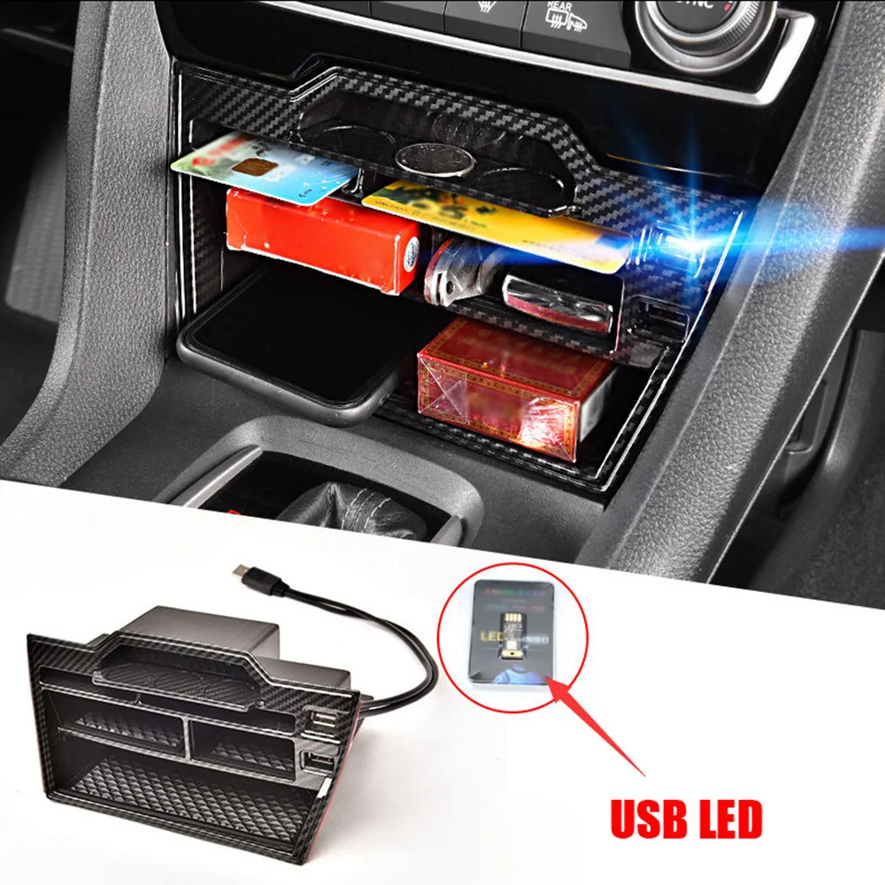 

Console Storage Box With USB-LED For Honda Civic Carbon Fiber Car Durable