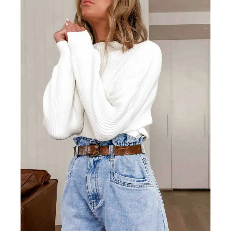 Женский базовый пуловер с высоким воротником простой белый вязаный свитер в