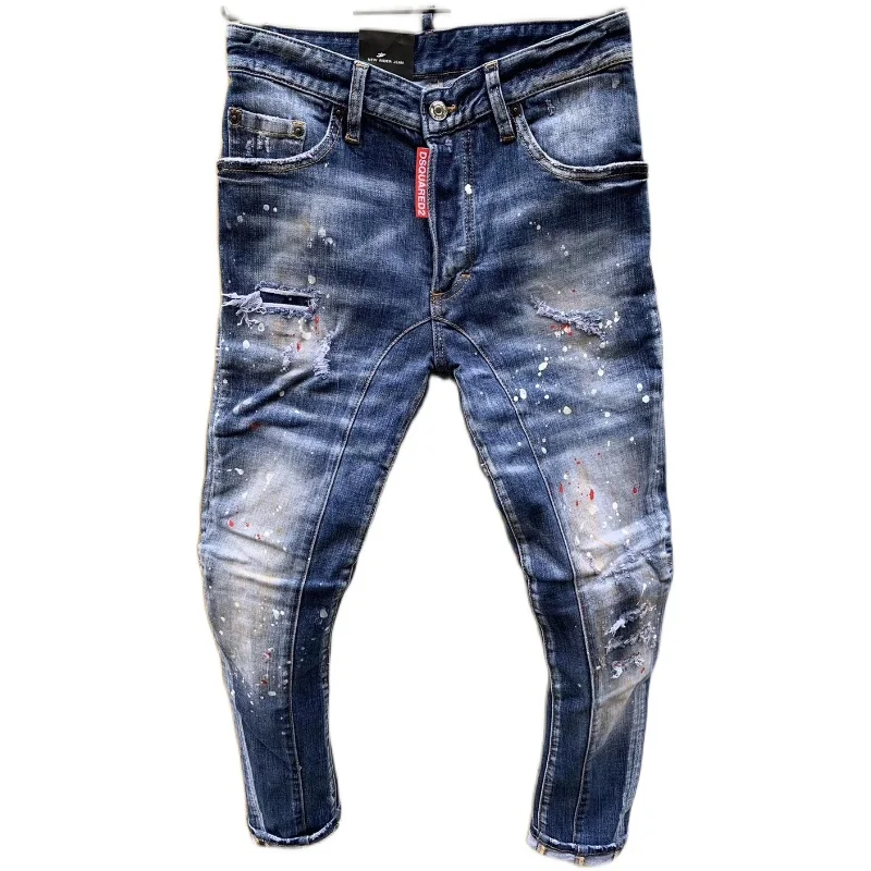 DSQUARED2 Men's/Women Fashion Stitching Three-Dimensional Cut Micro-Elastic Hole Patch Paint Distressed Stretch Jeans T95