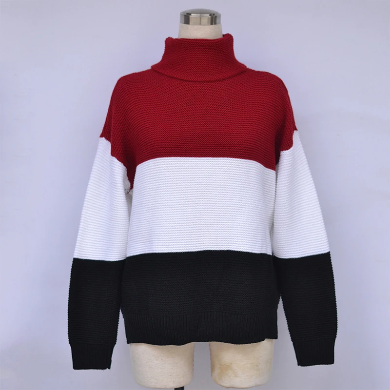 

Stitching Color Turtleneck Sweater Women Long Sleeve Pullover Fashion Plus Size New Loose Sweaters Sueter Mujer