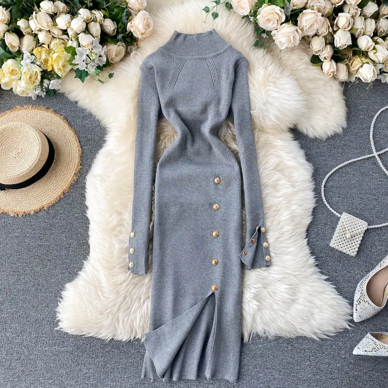 SINGRAIN сексуальное платье с высоким воротом женское модное однобортное длинным