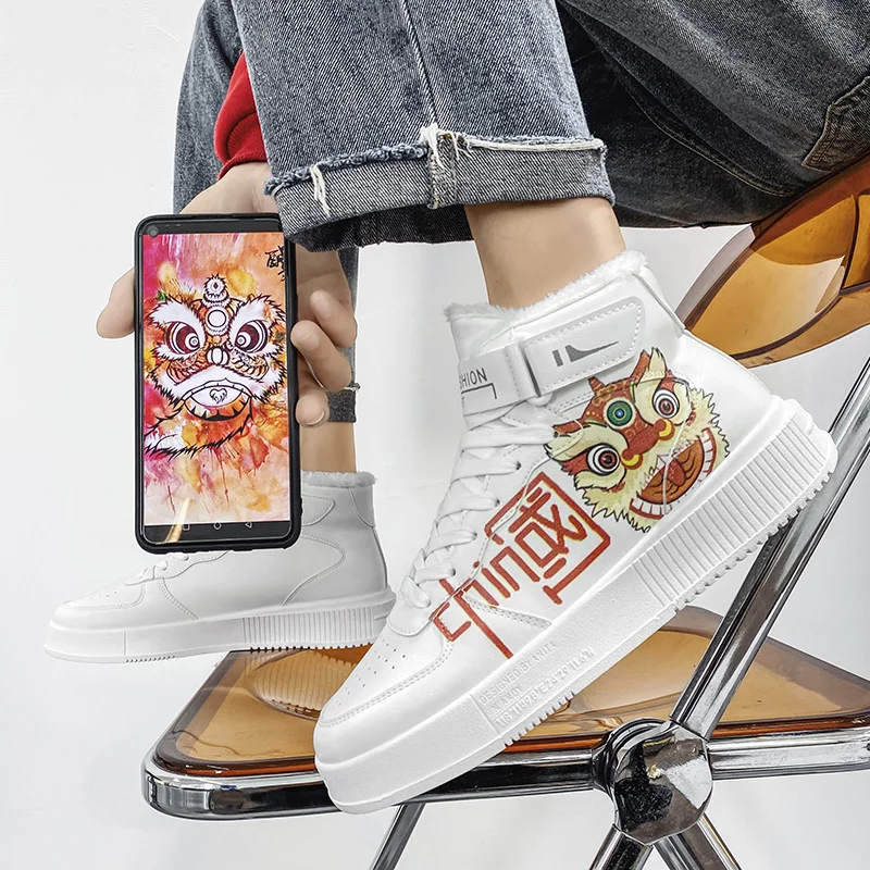 Men's Winter Sneakers Anime Skateboarding Shoes Men Streetwear High Top Anime Shoes Fashion White Plush Warm Casual Sneakers Men