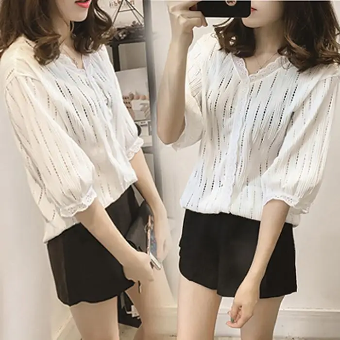 Хлопковая рубашка с коротким рукавом лето 2019 женские блузки топы одноцветные