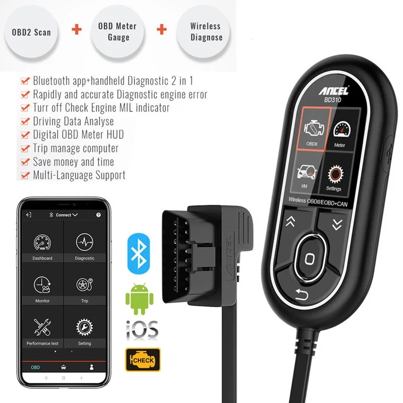 ANCEL BD310 3 в 1 диагностический сканер OBD2 считыватель кодов автомобильной поездки компьютера автомобиля монитор здоровья и монитор производительности в реальном времени