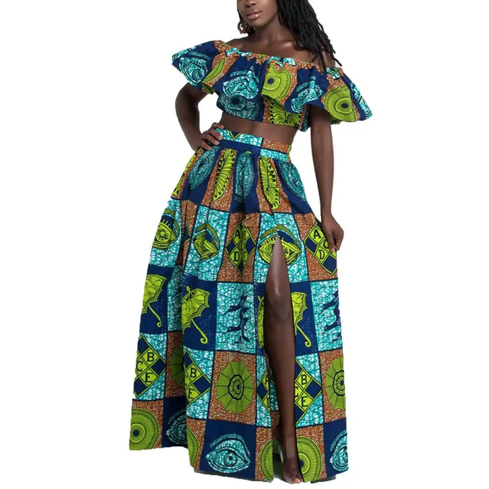 SUNGIFT Dashiki/Вечерние платья с открытыми плечами, разноцветное платье с принтом, африканская одежда для женщин, 2 предмета, 1 комплект, вечернее платье - Цвет: M02