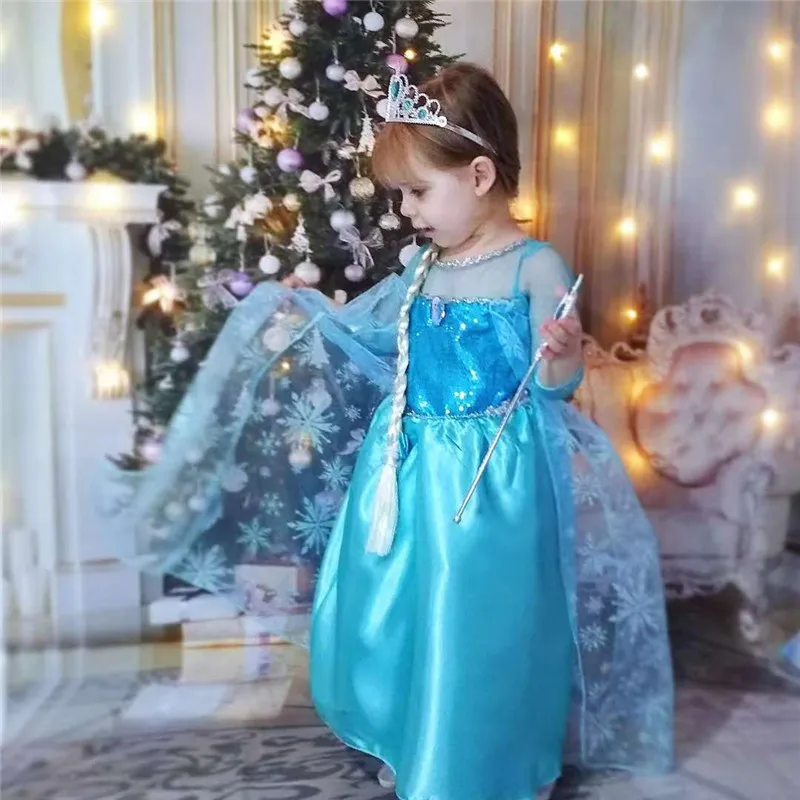 

Голубое платье принцессы Эльзы для девочек детская одежда Эльзы платье Снежной Королевы 2 Детское рождественское праздничное платье длино...