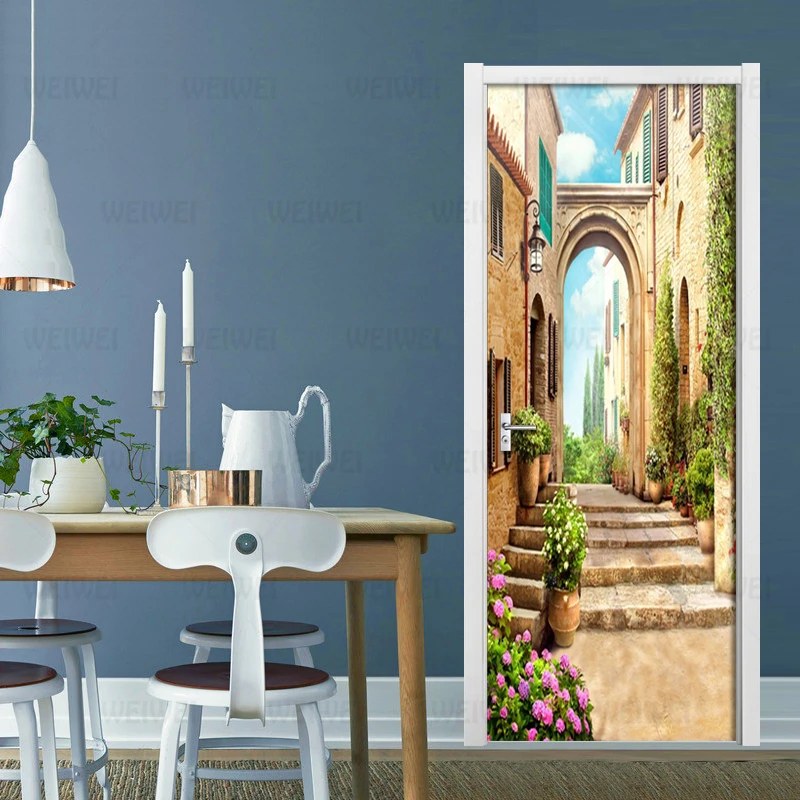 

European Town Street View 3D Door Stickers PVC Waterproof Door Renovation 3D Mural PVC Self Adhesive DIY Home Decor Decal Poster
