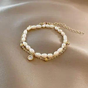 Double layer pearl bracelet female personality design bracelet retro temperament high sense zircon bracelet