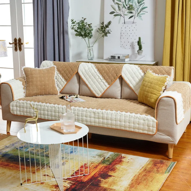 

Nordic Thick Plush Sofa Cover Velvet Soft 1/2/3 Seater Lace Couch Slipcover Quilted Solid Color Anti-silp Recliner Protection