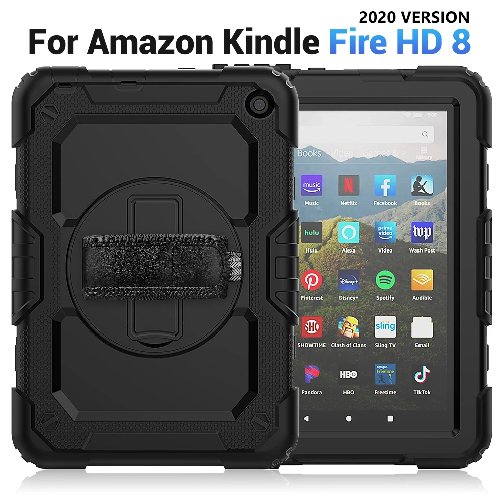 

Heavy Duty Rugged Shockproof Silicone 360 Rotating Kickstand Tablet Cover for Kindle 8.0 Inch HD Fire 8 Plus Case Hand Strap
