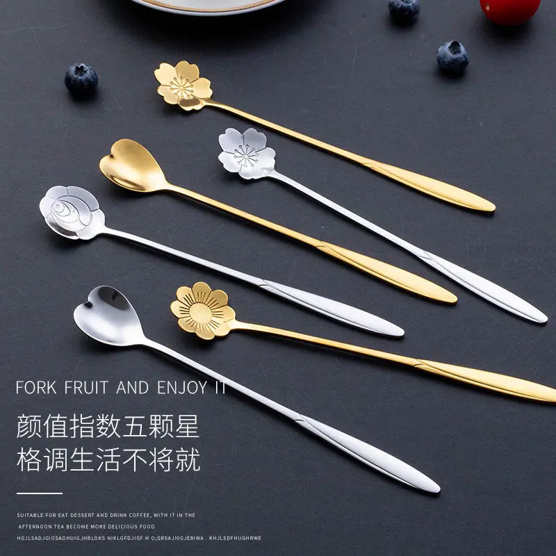 

Cherry Blossom Small Spoon Cute Creative Stainless Steel Long Handle Spoon Coffee Stirring Spoon Ice Cream Honey Dessert Spoon